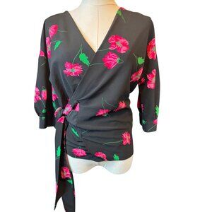 2/$30 NWT ZARA XS Floral Wrap Blouse Womens Black & Rose Pink